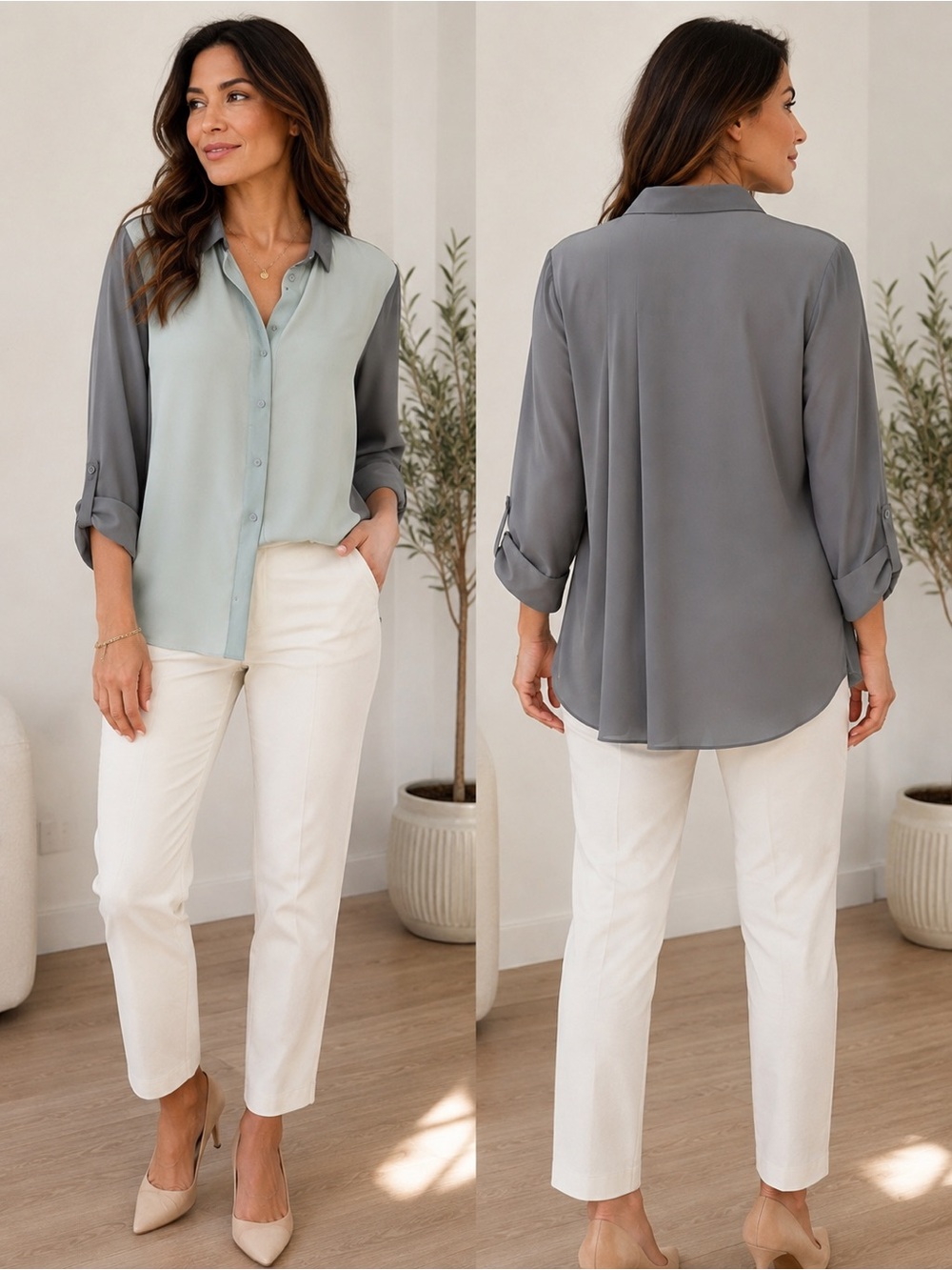 Elie Tahari 100% Silk Colorblock Button-Up Blouse Gray Mint Size Medium